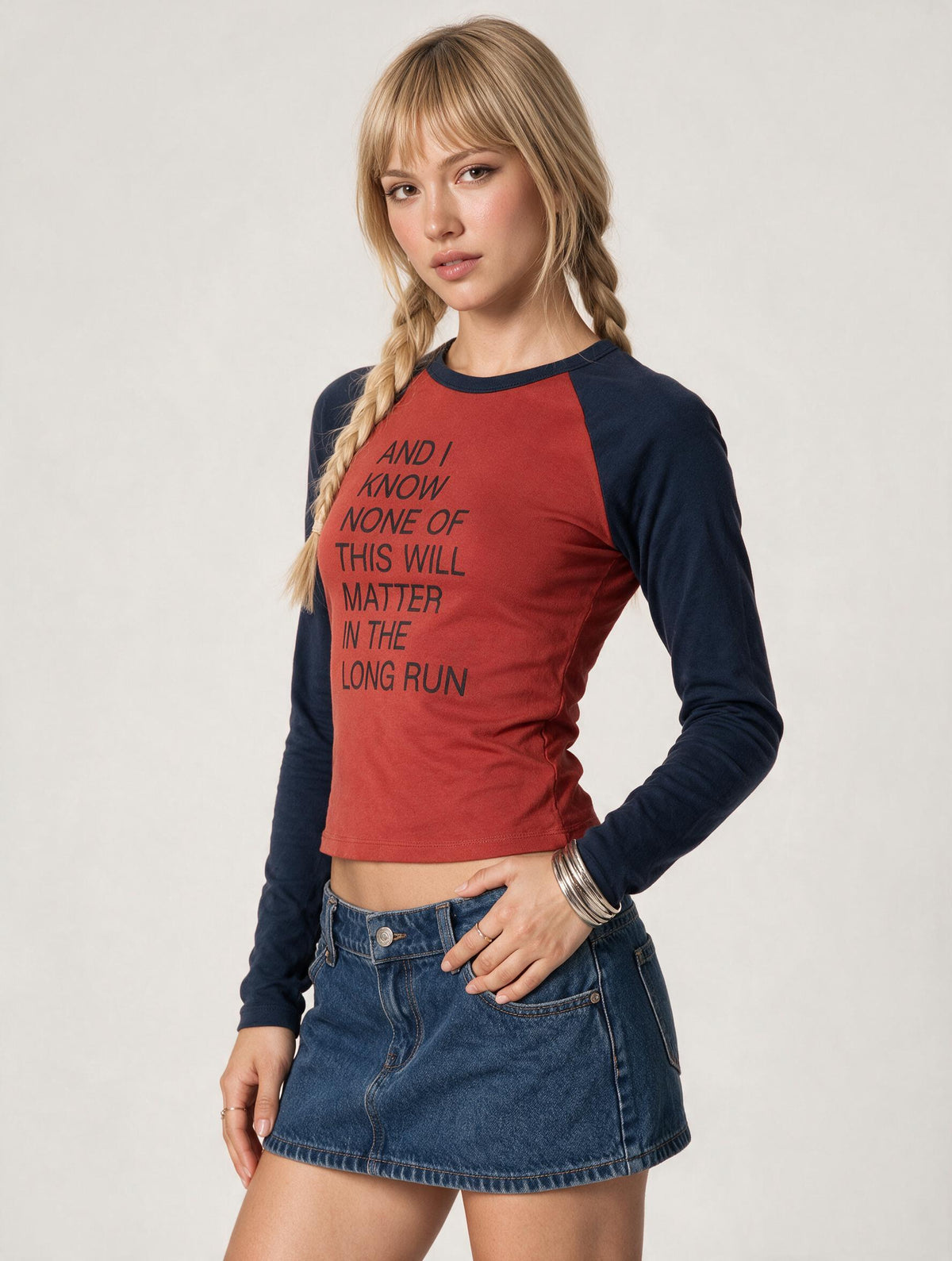Red Contrast Sleeve Slogan Top