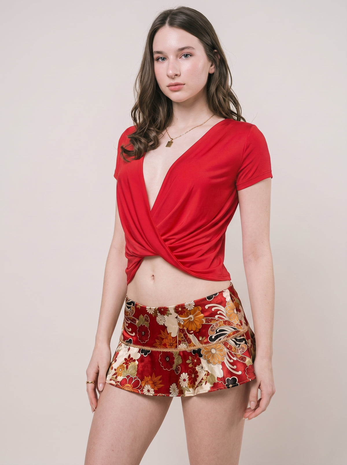 Red Floral Low Rise A-Line Mini Skirt