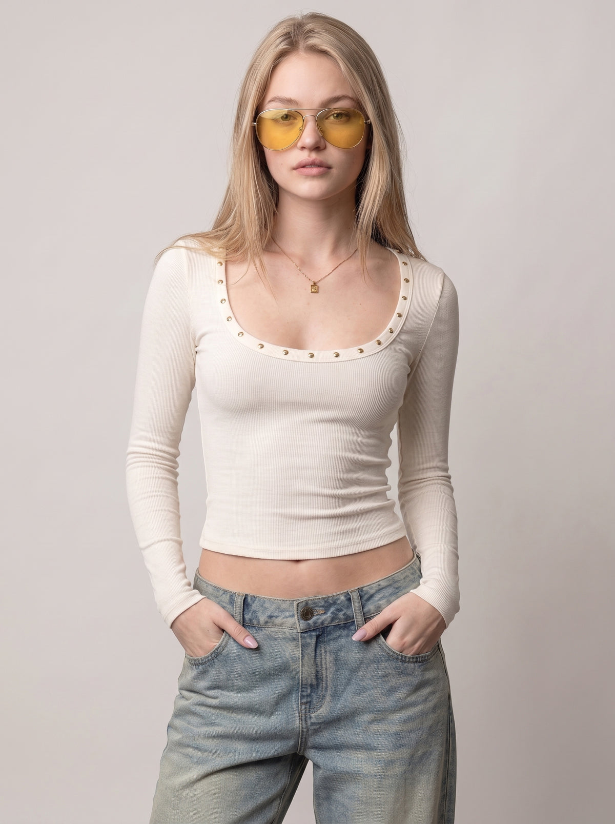 Rivet Detail Slim Fit Long Sleeve Top
