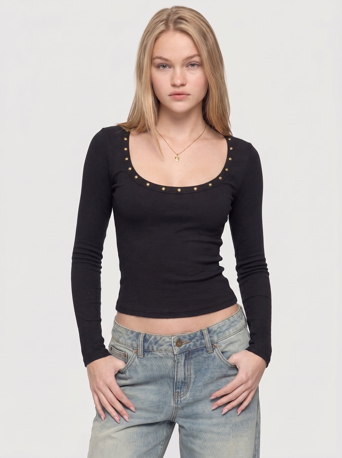 Rivet Detail Slim Fit Long Sleeve Top