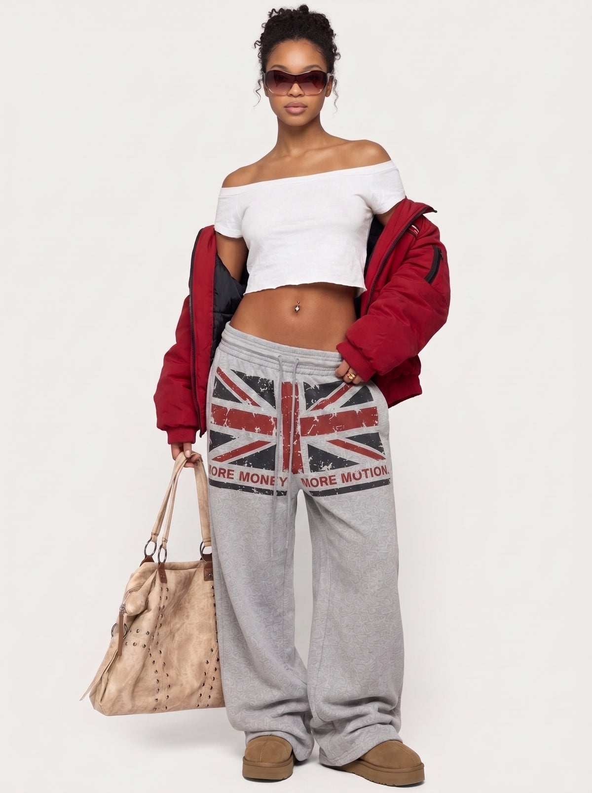 Washed Grey Flag Print Sweatpants