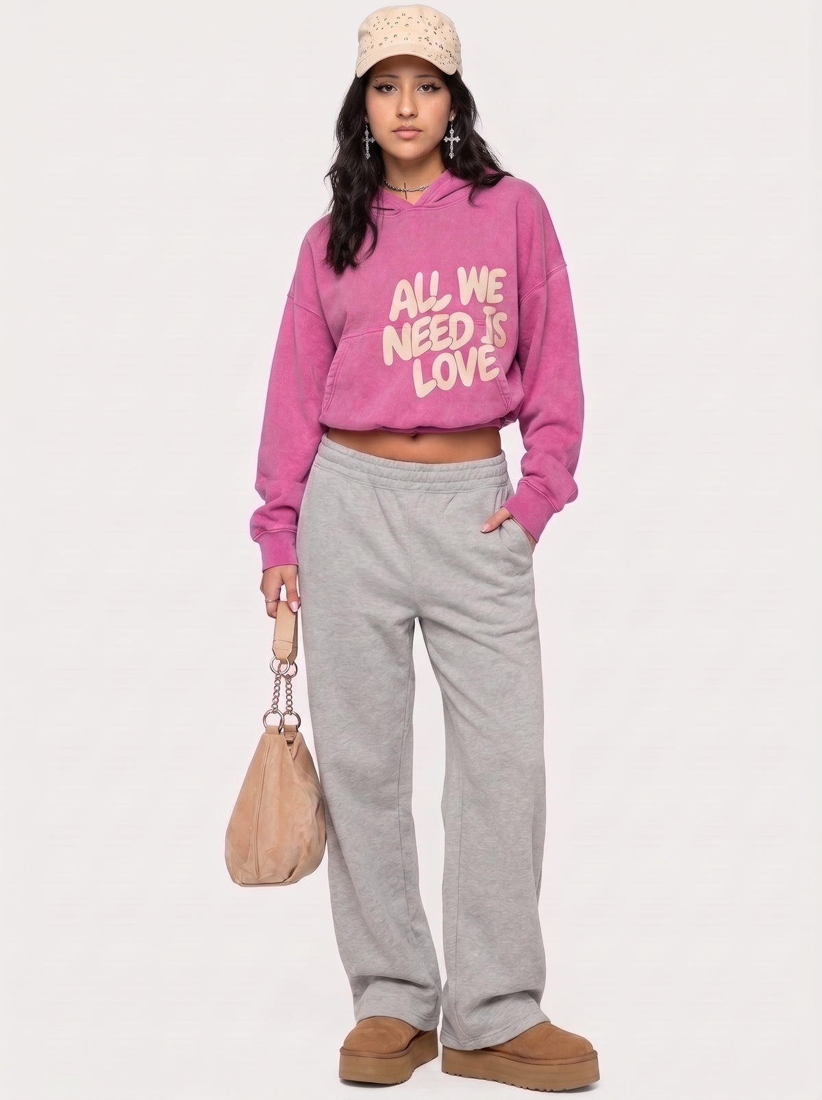 Pink Love Slogan Cropped Hoodie