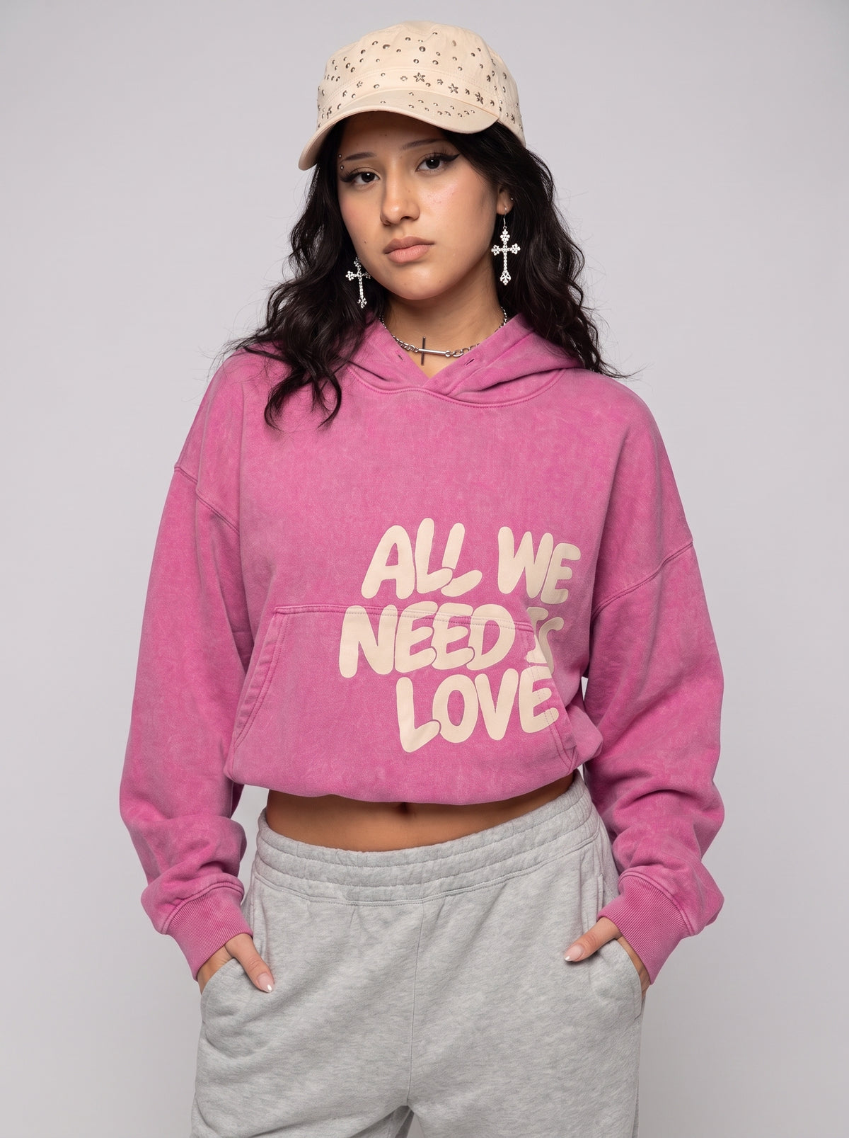 Pink Love Slogan Cropped Hoodie