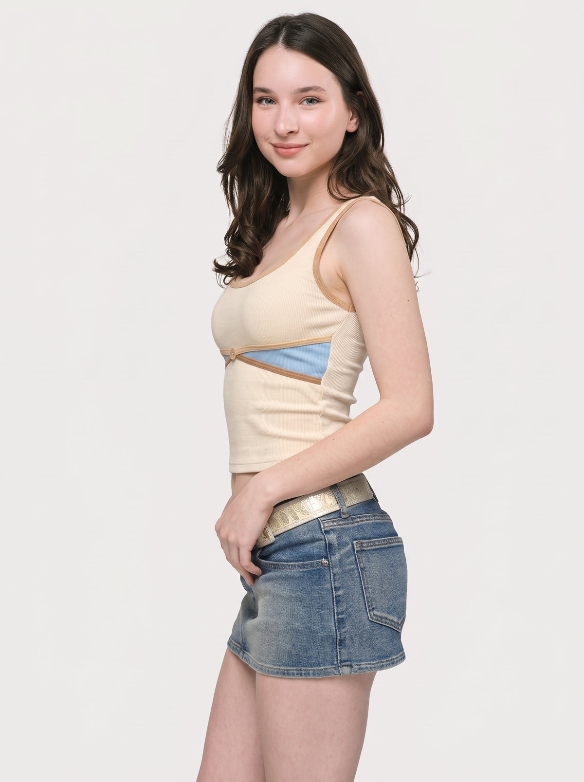 Cream Contrast Panel Strap Tank