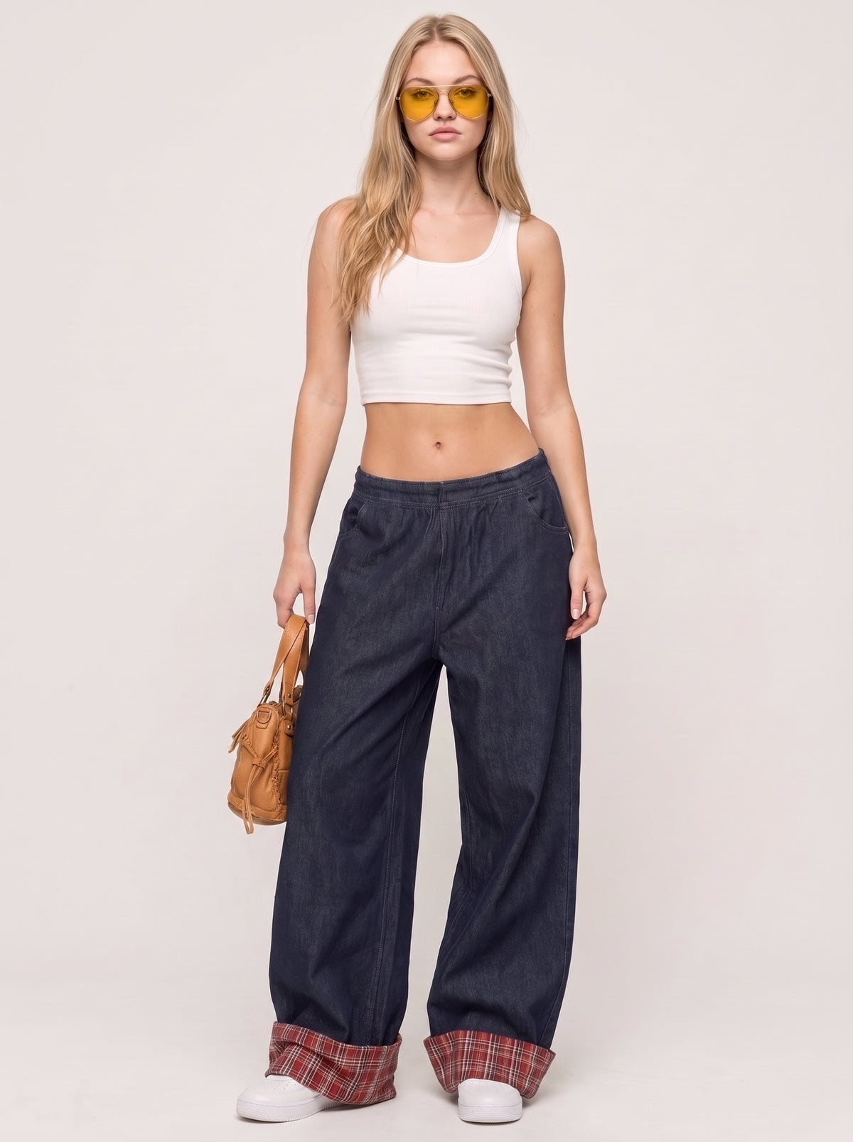 Plaid Cuff Relaxed Straight Leg Jeans