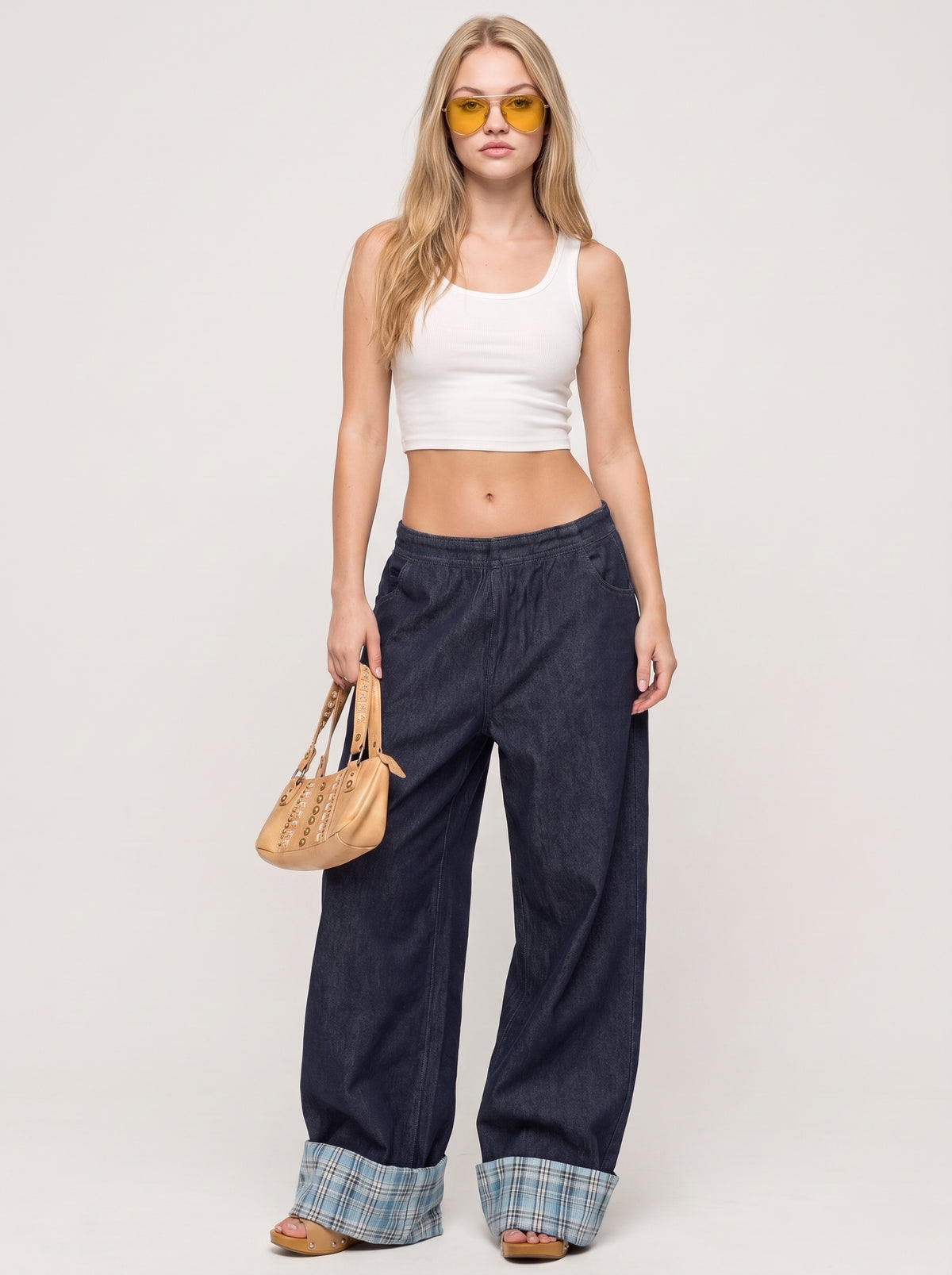 Plaid Cuff Relaxed Straight Leg Jeans