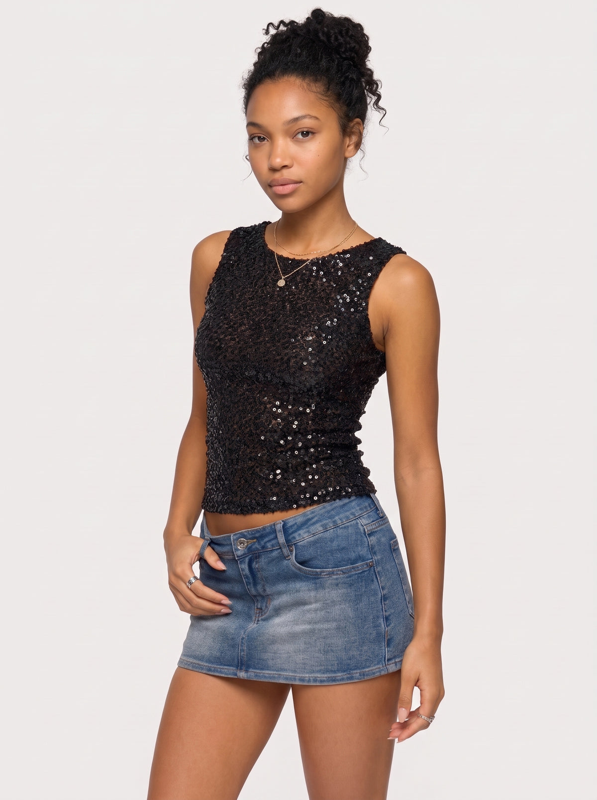 Sequin Round Neck Sleeveless Top