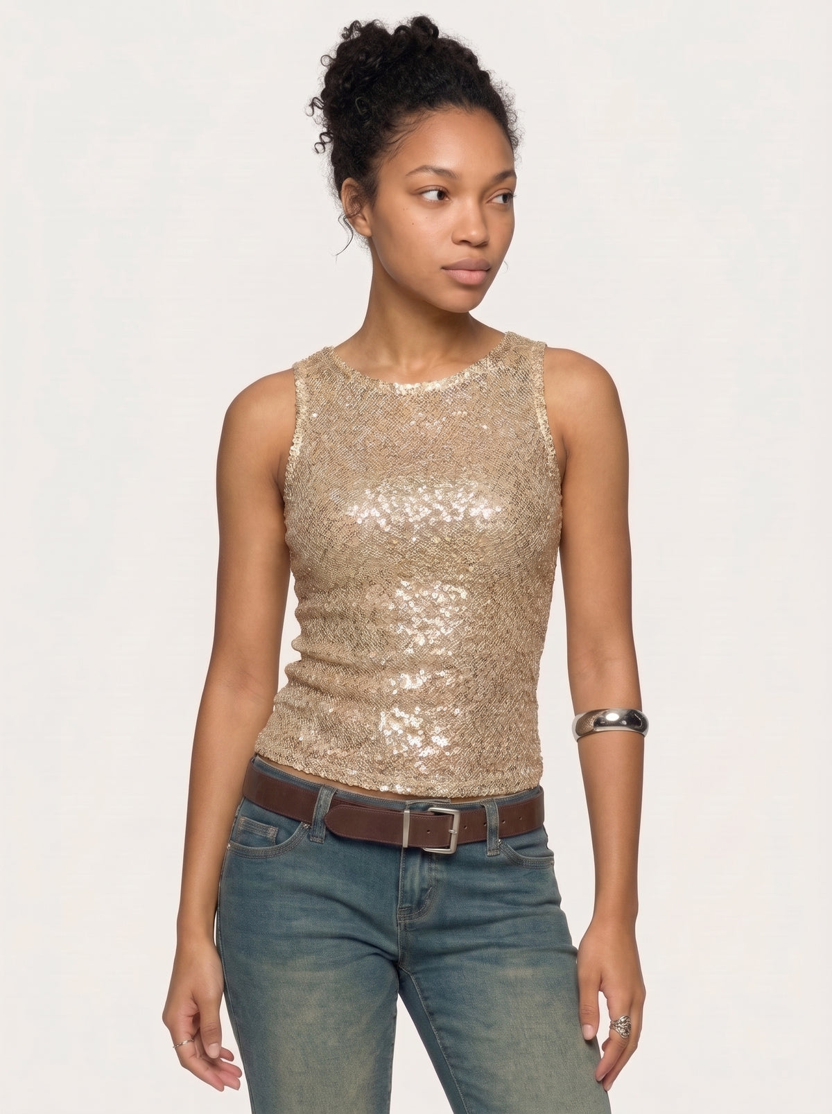 Sequin Round Neck Sleeveless Top