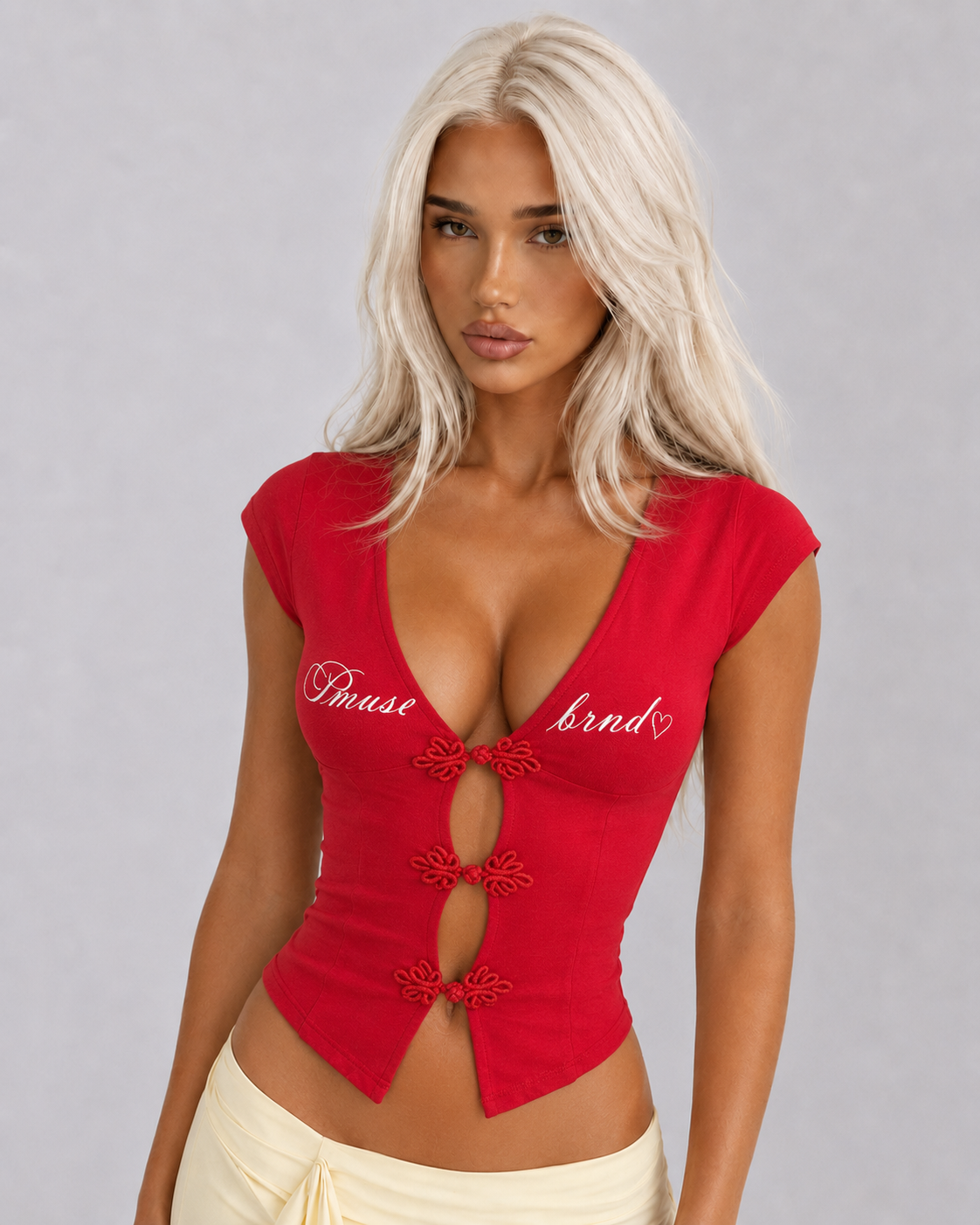 Buckle Low-Neck Top – Red Tops