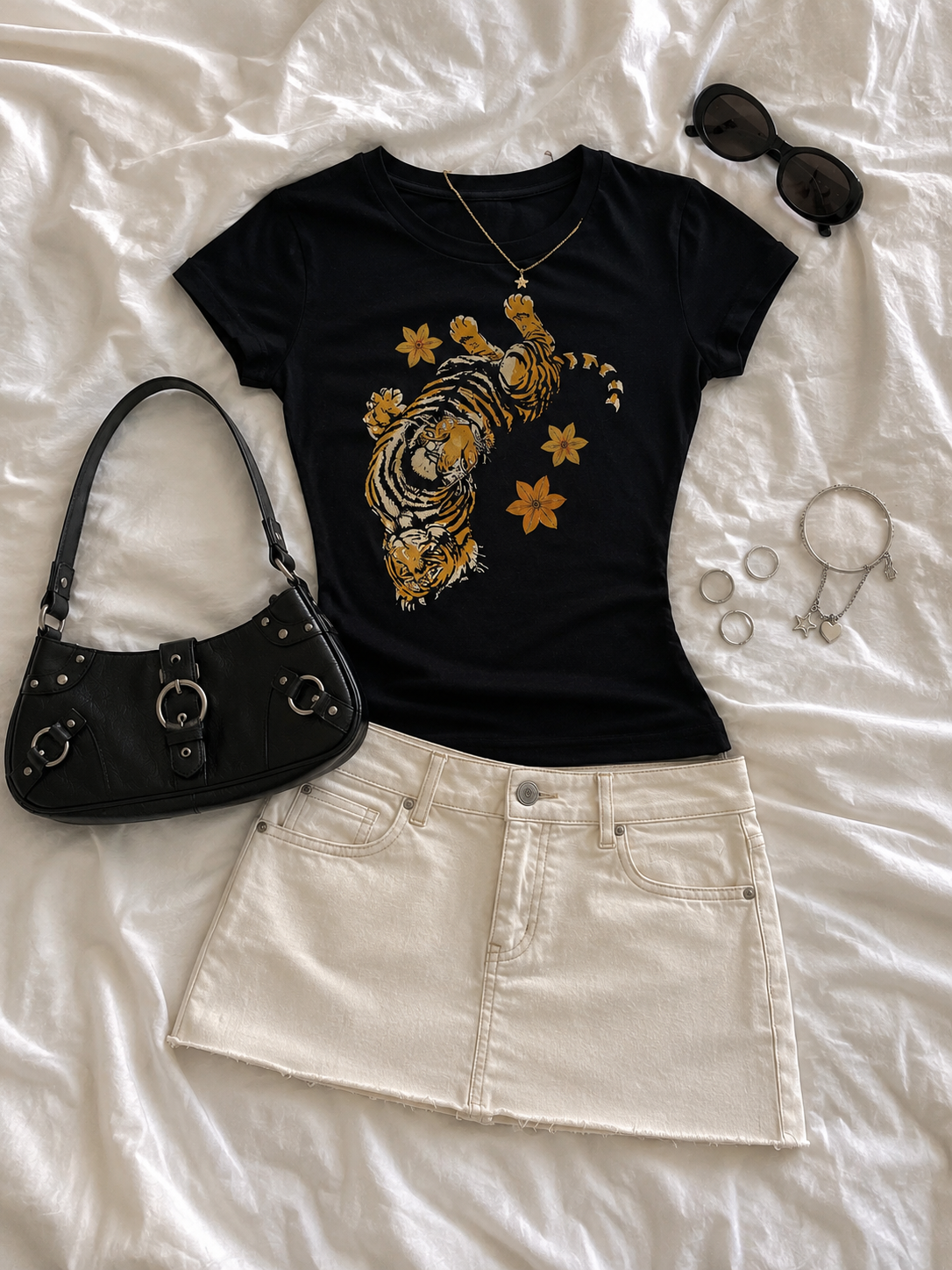 Vintage Y2K Black Tiger & Star Graphic Baby Tee – Black T-Shirt